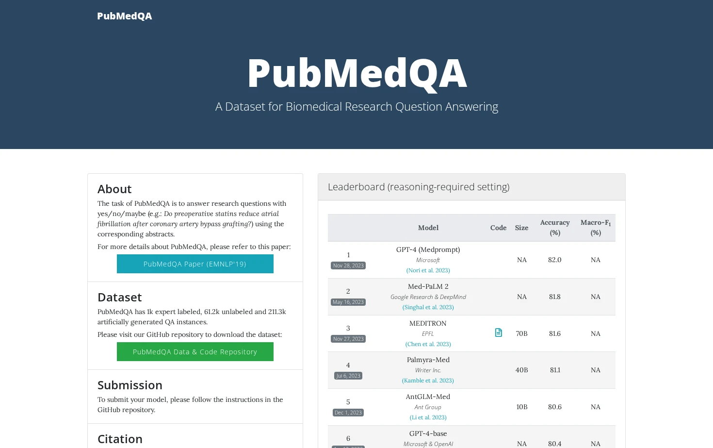 PubMedQA 页面快照